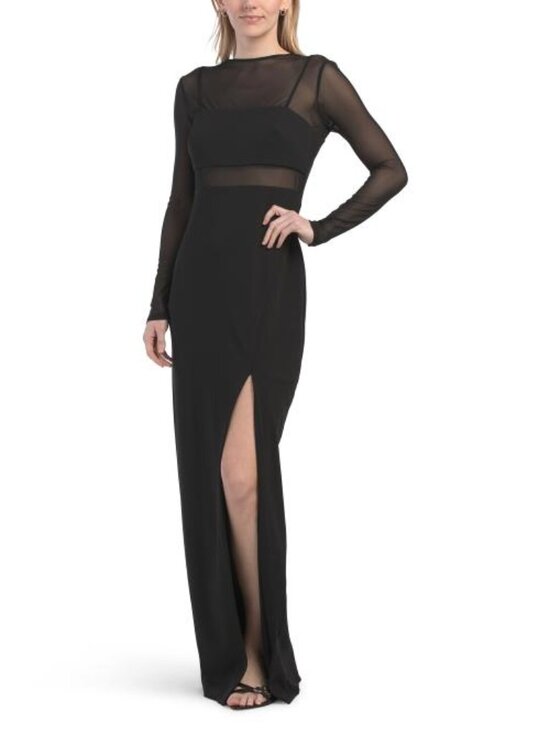 ADRIANNA BY ADRIANNA PAPELL Dresses & Skirts - ADRIANNA BY ADRIANNA PAPELL Long Sleeve Mesh Gown With Slit